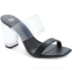 BP Naomi Clear block heel Slide sandals Black Heels Clear Strap NWOB size 9